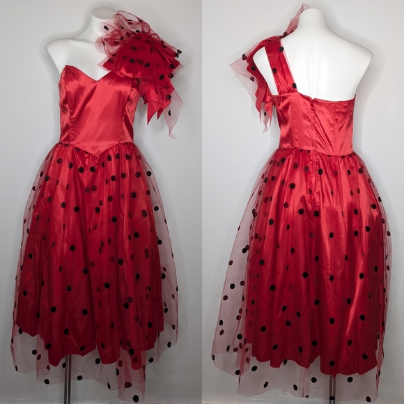Vintage Gunne Sax 80s red black polka dot one shoulder chiffon midi dress 11 - Picture 1 of 13